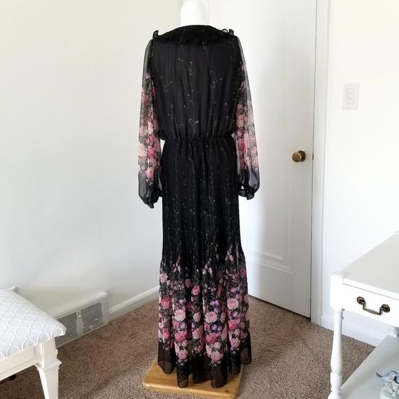 Vtg Maxi Dress Black Floral Chiffon Balloon Sleeve Pleated Y2K Fairy Goth Gown - Picture 3 of 16